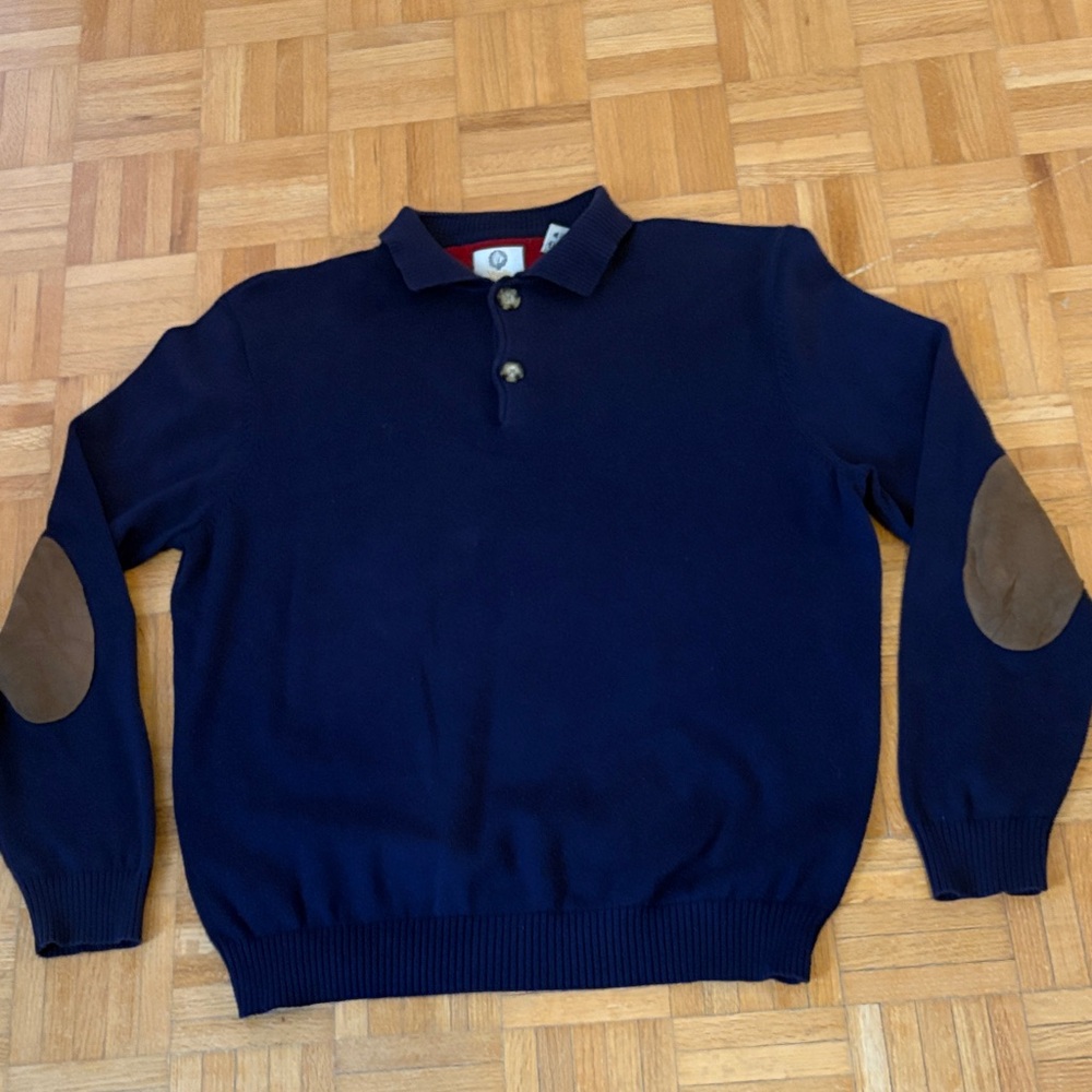 Viyella 1894. Navy Blue Sweater with Brown Elbow Patches